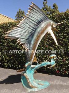 Full Sail bronze blue-water fishing sculpture of billfish- sailfish, marlin and swordfish fine art gallery