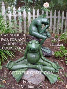 Frog Thinker sculpture of green frog cast into bronze for outdoor and garden display