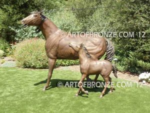 Hearts Forever bronze sculpture of standing mare and running colt horse for ranch, shopping center or equestrian center