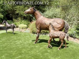 Hearts Forever bronze sculpture of standing mare and running colt horse for ranch, shopping center or equestrian center