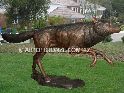 Midnight Run bronze North American grey wolf statue with life-like detailing & realism