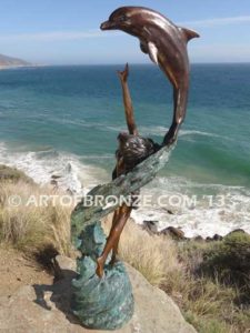 Inspiration limited edition bronze gallery artwork female and dolphin sculpture for pond, pool or aquatic display