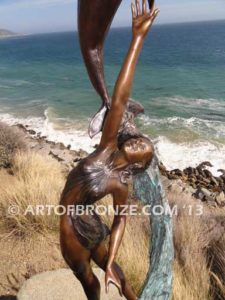 Inspiration limited edition bronze gallery artwork female and dolphin sculpture for pond, pool or aquatic display