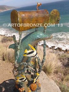 Special Delivery bronze fine art mailbox sculpture of leaping dolphin and sea creatures