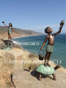 A Treasured Day Bronze sculpture of whimsical girl on turtle playing with seashell