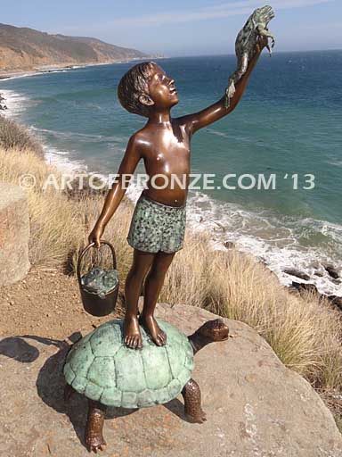 AA Day to Remember Bronze sculpture of whimsical boy on turtle holding bucket of bullfrogs