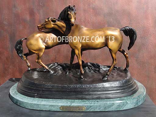 L’Accolade sculpture of standing stallion and Arabian mare from French animalier artist P.J. Mene.