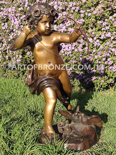 God of Love bronze sculpture of standing cherub boy with flowers in his hair and bow in hand