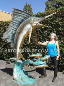 Full Sail bronze blue-water fishing sculpture of billfish- sailfish, marlin and swordfish fine art gallery