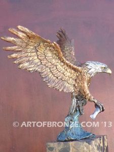 Bronze sculpture of flying bald eagle for indoor or outdoor display