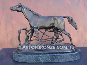 Cheval a la Barrier sculpture of standing stallion calling to his mare after French Animalier artist Pierre-Jules Mene