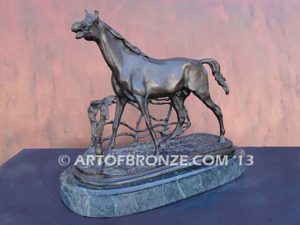 Cheval a la Barrier sculpture of standing stallion calling to his mare for indoor home