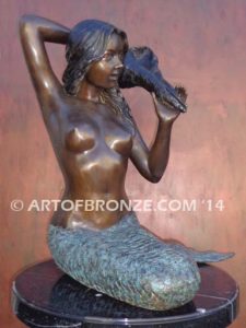 Bronze mermaid sculpture holding oyster shell for pond, pool or aquatic display