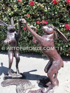 Boxing Hares high quality cast bronze rabbit and hare sculptures boxing each other