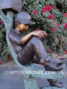 Waiting Patiently bronze sculpture mailbox of boy reading book with his dog