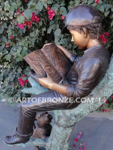 Waiting Patiently bronze sculpture mailbox of boy reading book with his dog