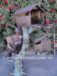 Waiting Patiently bronze sculpture mailbox of boy reading book with his dog