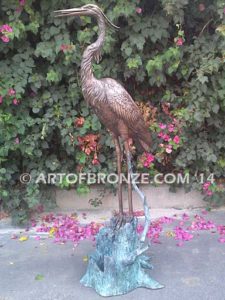 Still Life lost wax casting of standing crane fountain for pool, pond or home