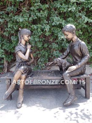 Age Ole Game Bronze Statue of boy and girl on bench playing checkers