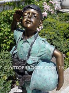 Home of the Brave bronze sculpture of saluting boy dressed up playing soldier