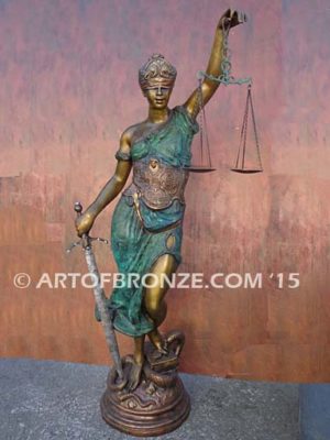 Blind Justice monumental bronze sculpture of Lady Justice holding scales for law firm or lawyers office