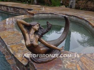 Sea Jewel Bronze mermaid fine art sculpture with seashell necklace for pond, pool or aquatic display