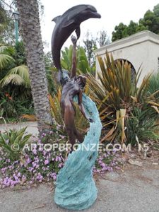 Inspiration limited edition bronze gallery artwork female and dolphin sculpture for pond, pool or aquatic display