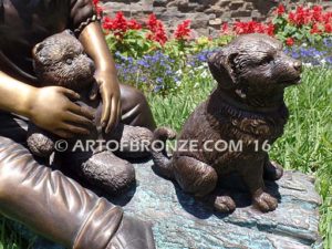 Magic Memories bronze sculpture two children playing with dog for garden or yard display