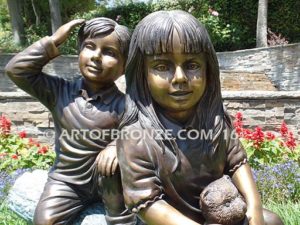 Magic Memories bronze sculpture two children playing with dog for garden or yard display