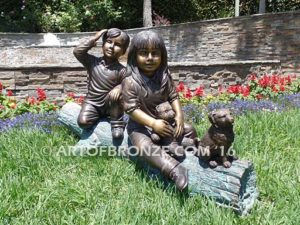 Magic Memories bronze sculpture two children playing with dog for garden or yard display