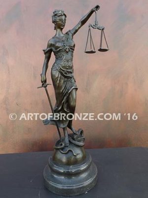 Blind Justice monumental bronze sculpture of Lady Justice holding scales for law firm or lawyers office