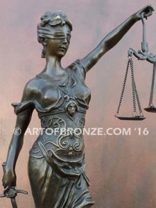 Blind Justice monumental bronze sculpture of Lady Justice holding scales for law firm or lawyers office