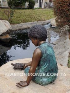 Ready for the Race bronze sculpture of boy playing with his pet painted turtle