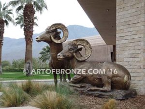 High Places Outdoor heroic bronze life-size pair of bighorn sheep ram sculptures