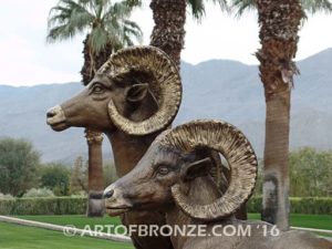 High Places Outdoor heroic bronze life-size pair of bighorn sheep ram sculptures