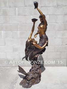 Bronze mermaid sculpture holding oyster shell for pond, pool or aquatic display