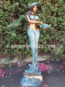 Bronze mermaid sculpture holding oyster shell for pond, pool or aquatic display