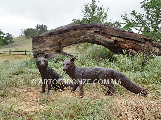 Double Trouble bronze mascot fox sculptures for schools, universities or zoo
