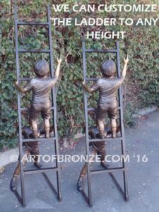 Team Work bronze sculpture of two boys climbing ladder working on house