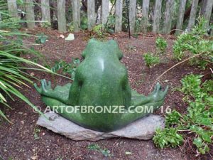 Frog Meditating sculpture of green frog cast into bronze for outdoor and garden display