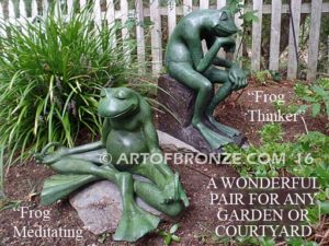 Frog Meditating sculpture of green frog cast into bronze for outdoor and garden display