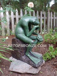 Frog Thinker sculpture of green frog cast into bronze for outdoor and garden display