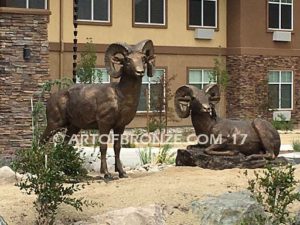 High Places Outdoor heroic bronze life-size pair of bighorn sheep ram sculptures