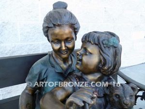 Mom Knows Best Bronze sculpture of little girl sitting on moms lap being read a book
