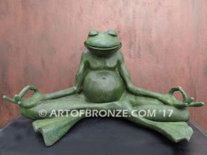 Frog Meditating sculpture of green frog cast into bronze for outdoor and garden display