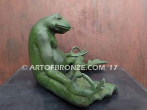 Frog Meditating sculpture of green frog cast into bronze for outdoor and garden display