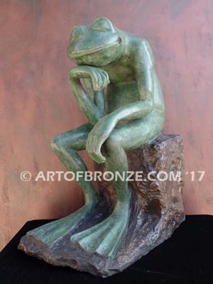 Frog Thinker sculpture of green frog cast into bronze for outdoor and garden display