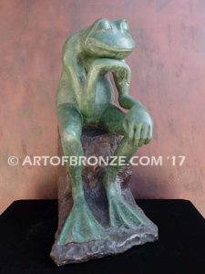 Frog Thinker sculpture of green frog cast into bronze for outdoor and garden display