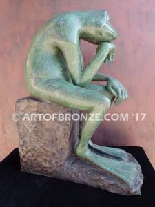 Frog Thinker sculpture of green frog cast into bronze for outdoor and garden display