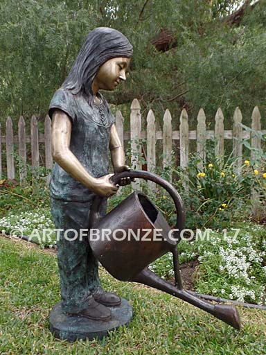 Nurturing Heart bronze sculpture of standing girl with watering pot